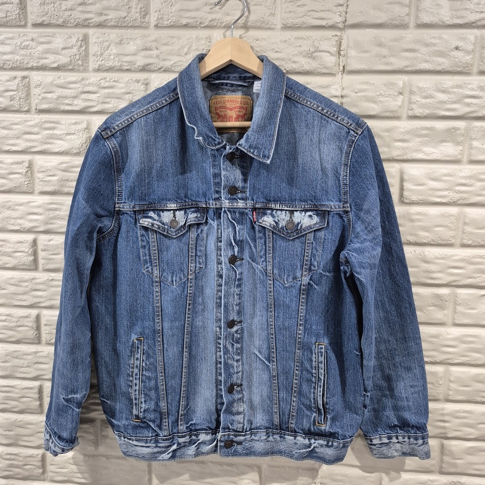 Levis Denim Trucker Jacket Mens XL Bleach Faded Acid Wash Jean 100%‎ Cotton